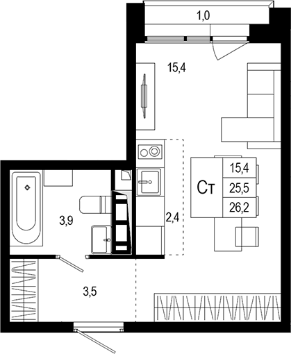 Планировка — Новая Щербинка, Студия, 26 м²