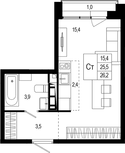 Планировка — Новая Щербинка, Студия, 26 м²