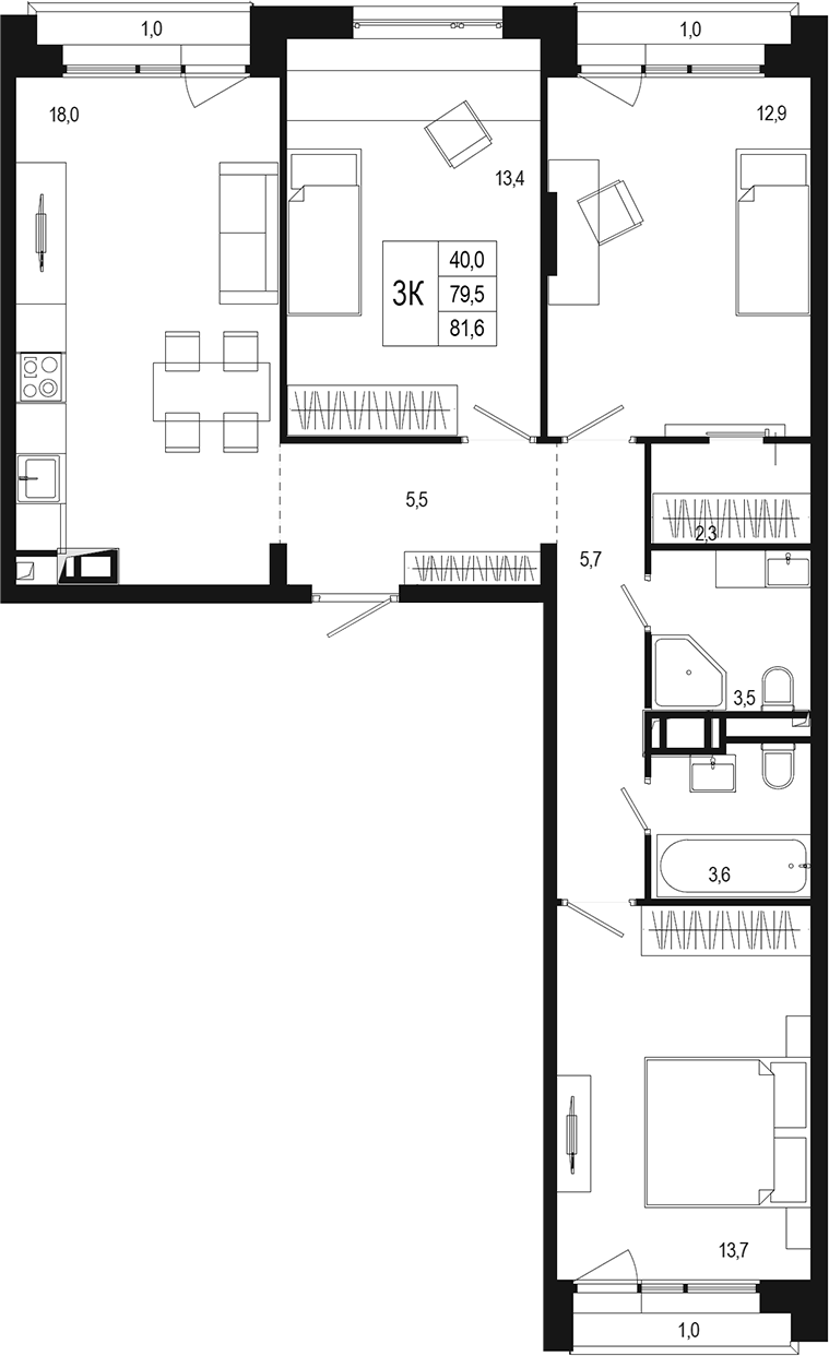 Планировка — Новая Щербинка, 3-комн., 80 м²