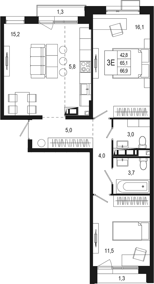 Планировка — Новая Щербинка, 3-комн., 65 м²
