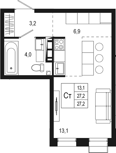 Планировка — Новая Щербинка, Студия, 27 м²