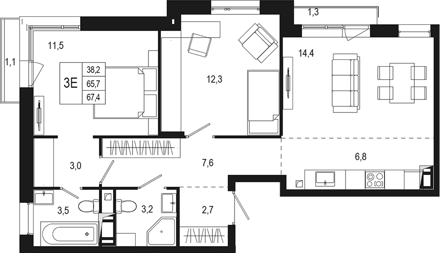 Планировка — Новая Щербинка, 3-комн., 66 м²