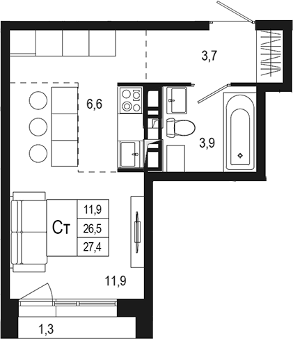 Планировка — Новая Щербинка, Студия, 27 м²