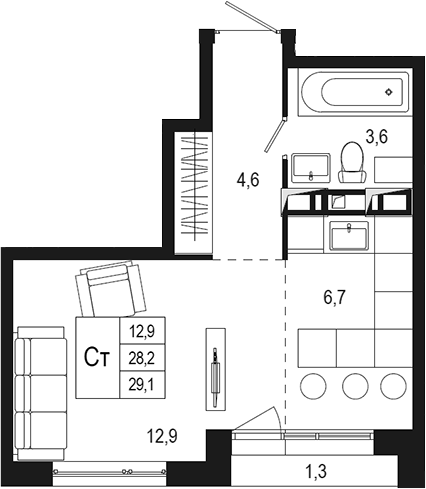 Планировка — Новая Щербинка, Студия, 28 м²