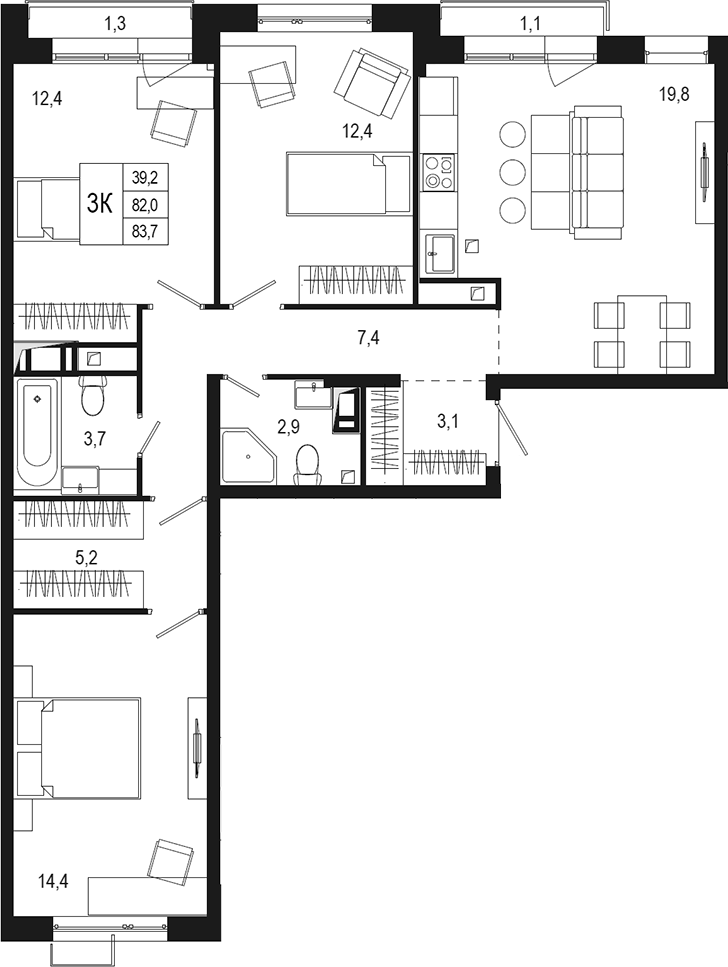 Планировка — Новая Щербинка, 3-комн., 82 м²