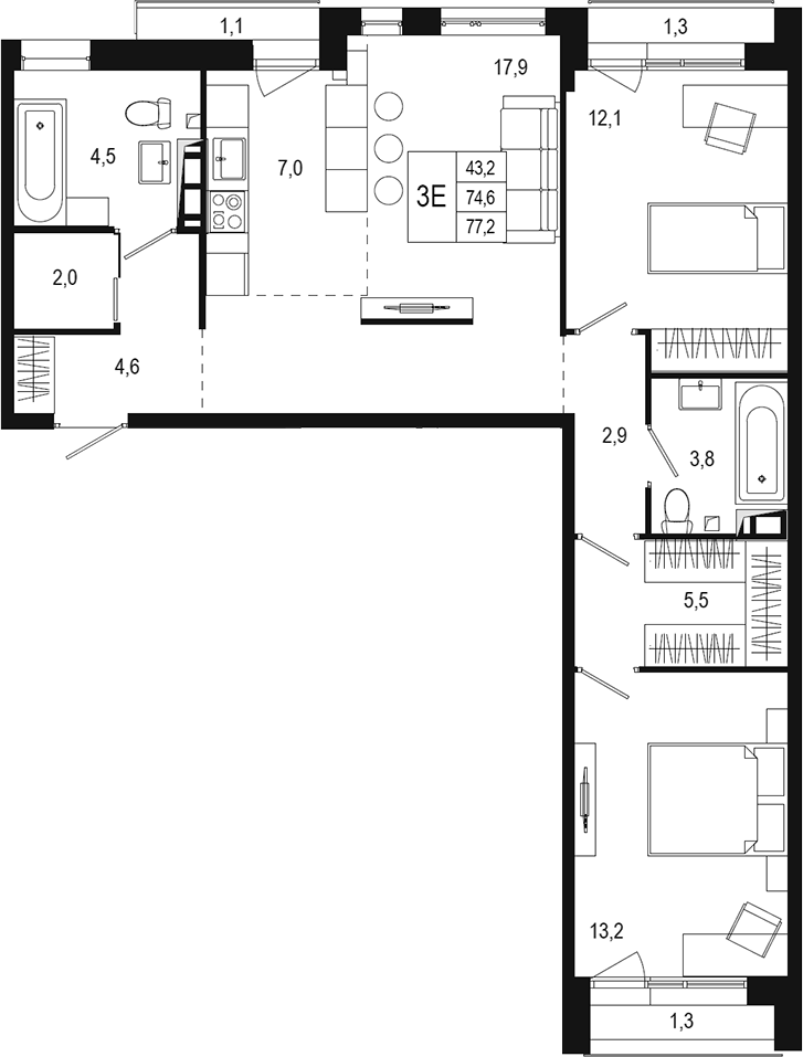 Планировка — Новая Щербинка, 3-комн., 73 м²