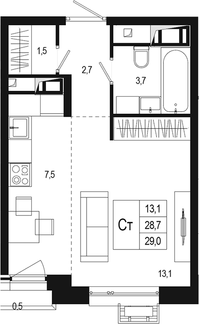 Планировка — Новая Щербинка, Студия, 29 м²