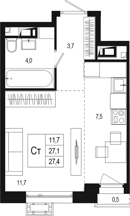 Планировка — Новая Щербинка, Студия, 27 м²