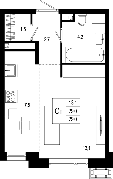 Планировка — Новая Щербинка, Студия, 29 м²