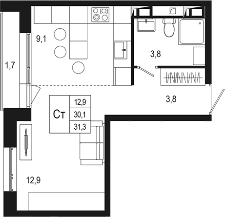 Планировка — Новая Щербинка, Студия, 30 м²