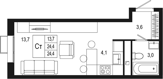 Планировка — Новая Щербинка, Студия, 24 м²