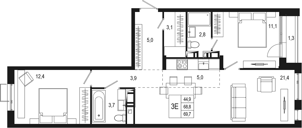 Планировка — Новая Щербинка, 3-комн., 69 м²