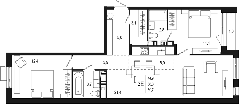 Планировка — Новая Щербинка, 3-комн., 69 м²