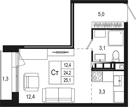 Планировка — Новая Щербинка, Студия, 24 м²