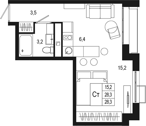 Планировка — Новая Щербинка, Студия, 28 м²