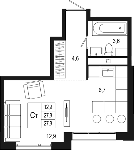 Планировка — Новая Щербинка, Студия, 28 м²