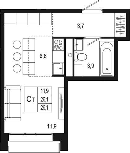 Планировка — Новая Щербинка, Студия, 26 м²