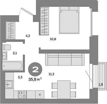 Планировка — Метроном, 1-комн., 35 м²