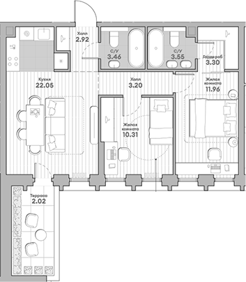 Планировка — Среда на Кутузовском, 2-комн., 61 м²