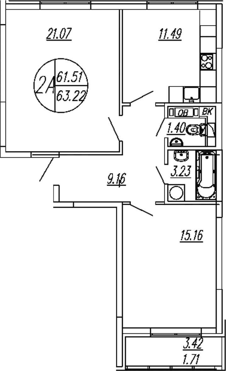 Планировка — Шолохово, 2-комн., 62 м²