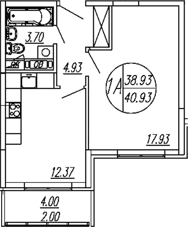 Планировка — Шолохово, 1-комн., 39 м²