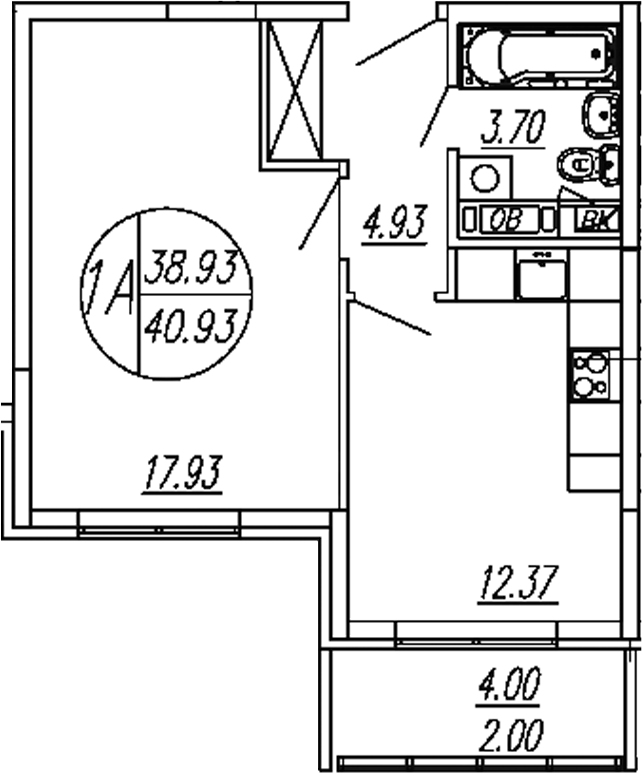 Планировка — Шолохово, 1-комн., 39 м²