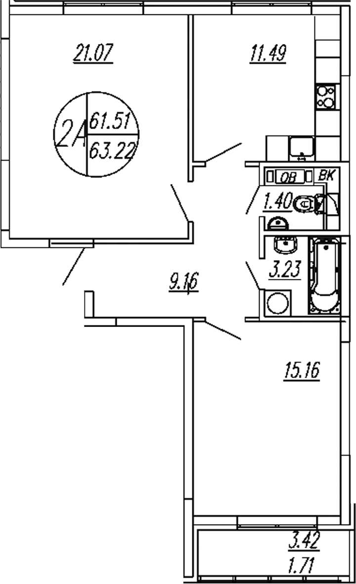 Планировка — Шолохово, 2-комн., 62 м²