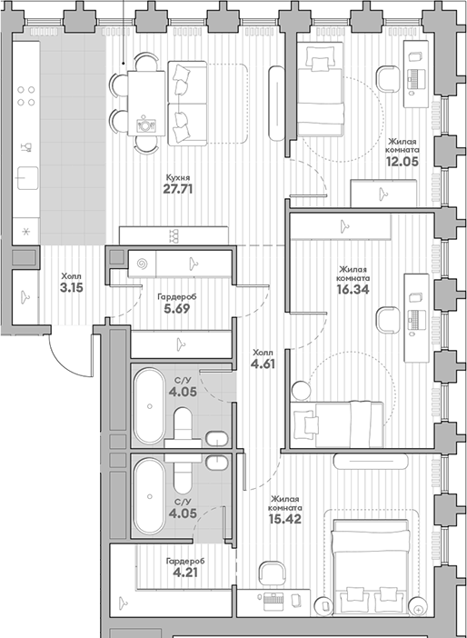 Планировка — Среда на Кутузовском, 3-комн., 97 м²