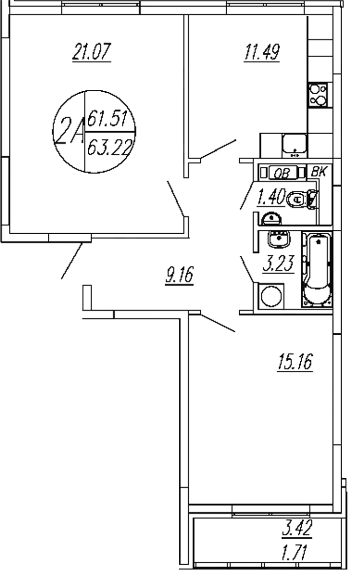 Планировка — Шолохово, 2-комн., 62 м²