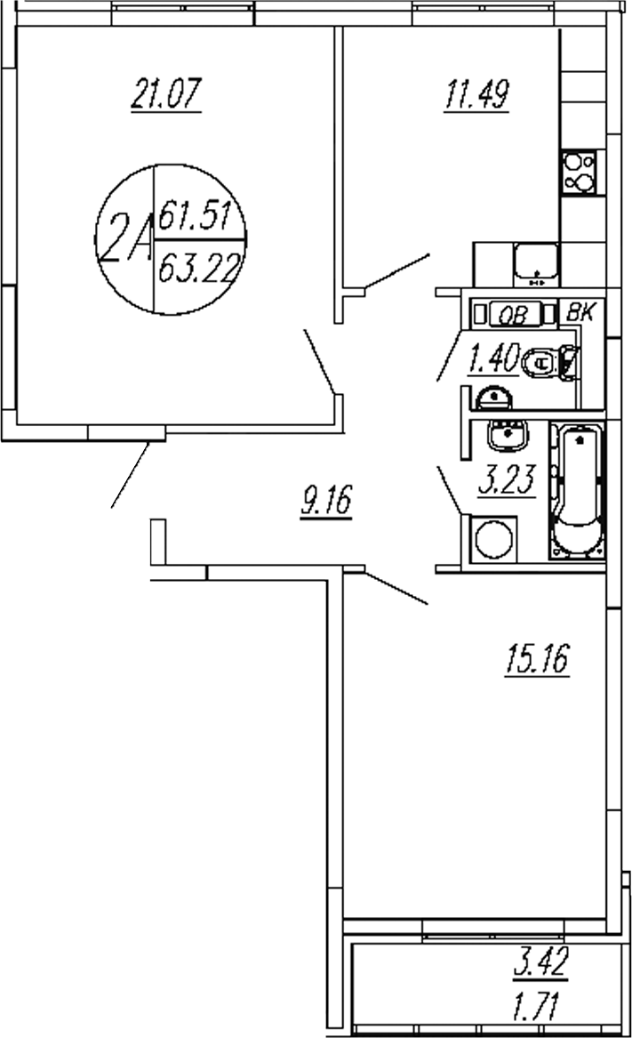 Планировка — Шолохово, 2-комн., 62 м²
