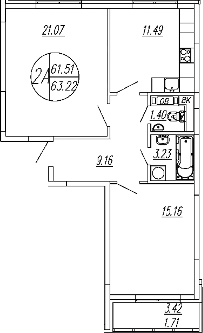 Планировка — Шолохово, 2-комн., 62 м²