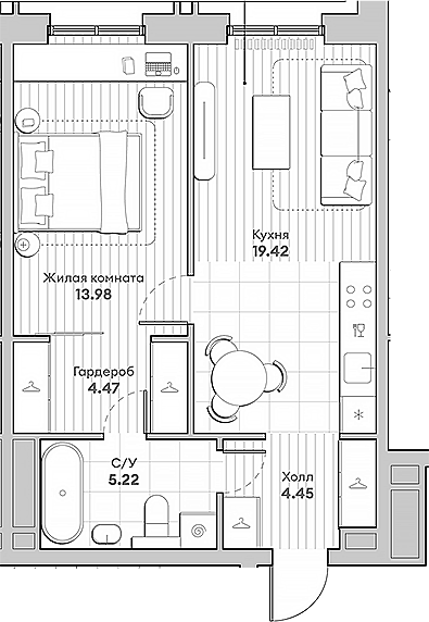Планировка — Среда на Кутузовском, 1-комн., 48 м²