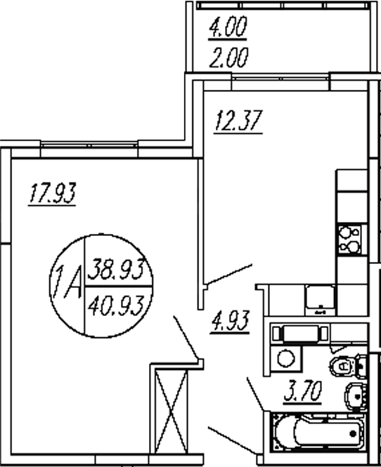 Планировка — Шолохово, 1-комн., 39 м²