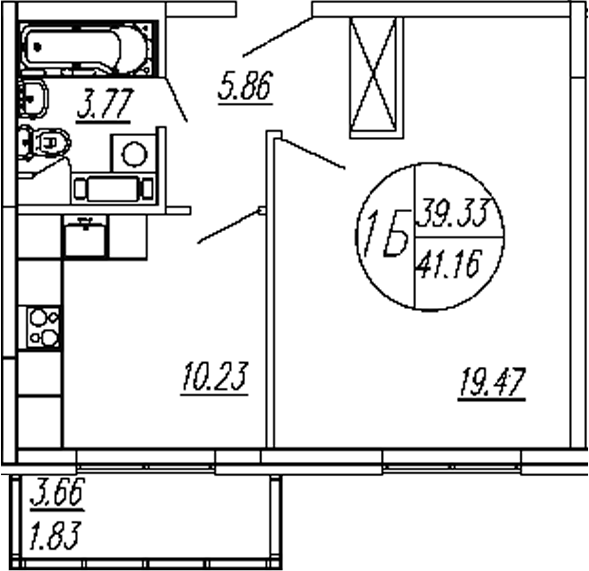 Планировка — Шолохово, 1-комн., 39 м²