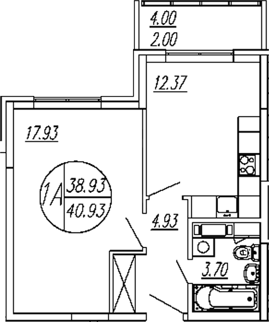 Планировка — Шолохово, 1-комн., 39 м²