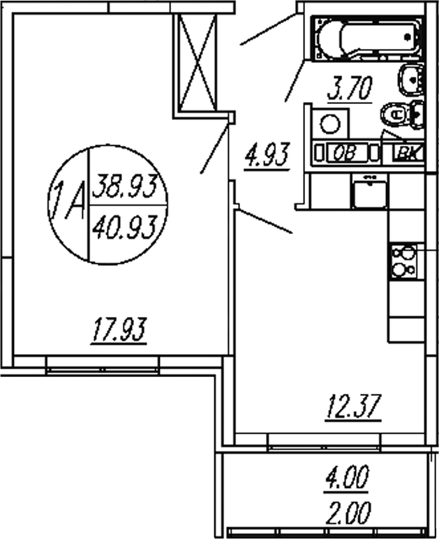 Планировка — Шолохово, 1-комн., 39 м²