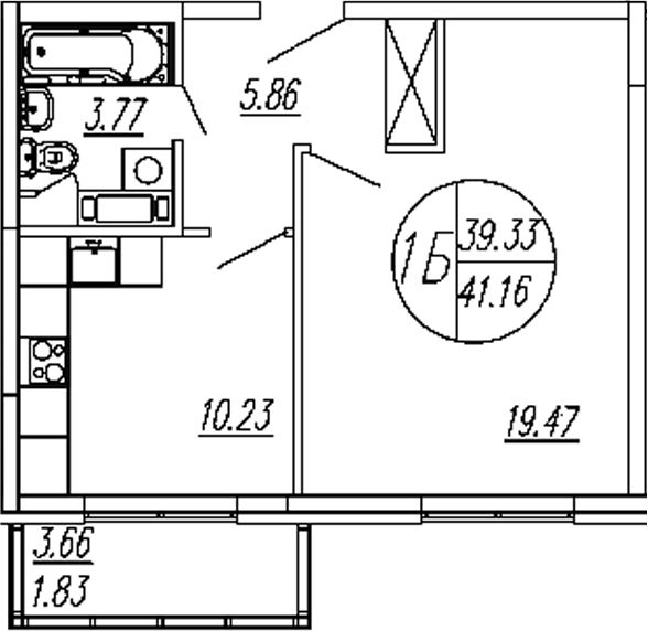 Планировка — Шолохово, 1-комн., 39 м²