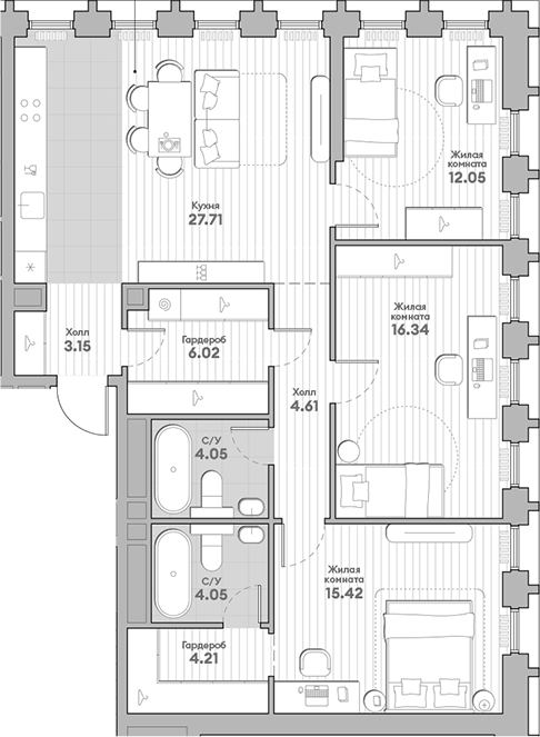 Планировка — Среда на Кутузовском, 3-комн., 98 м²