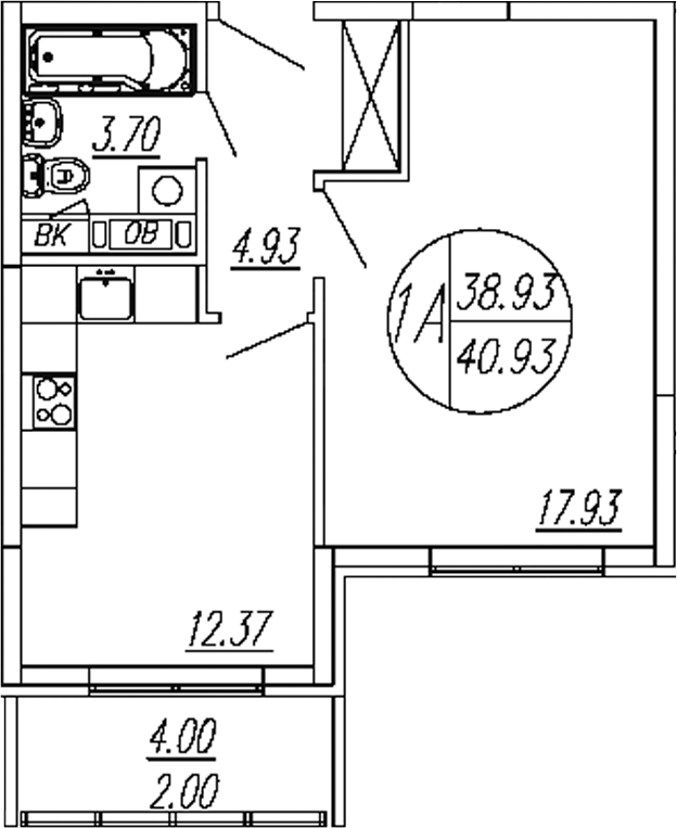 Планировка — Шолохово, 1-комн., 39 м²