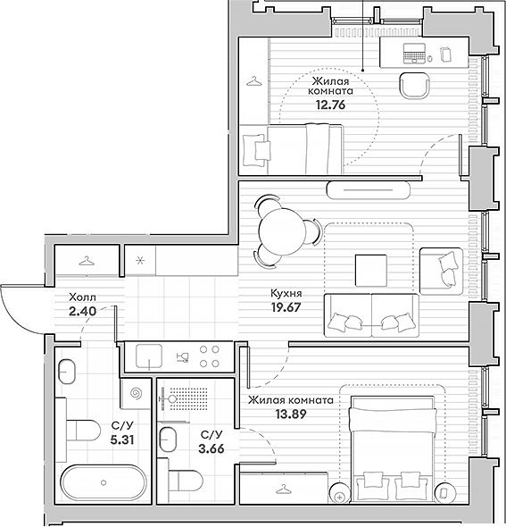 Планировка — Среда на Кутузовском, 2-комн., 58 м²