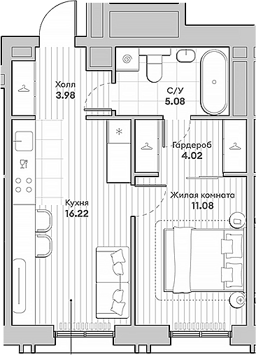 Планировка — Среда на Кутузовском, 1-комн., 40 м²