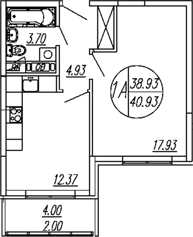 Планировка — Шолохово, 1-комн., 39 м²