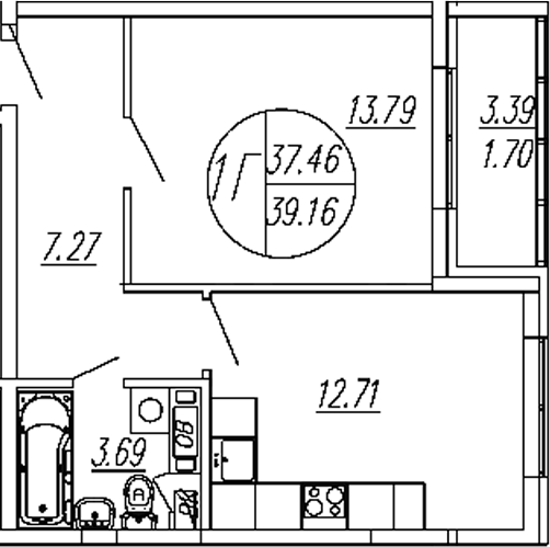 Планировка — Шолохово, 1-комн., 37 м²