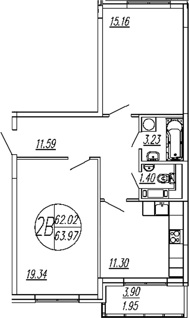 Планировка — Шолохово, 2-комн., 62 м²