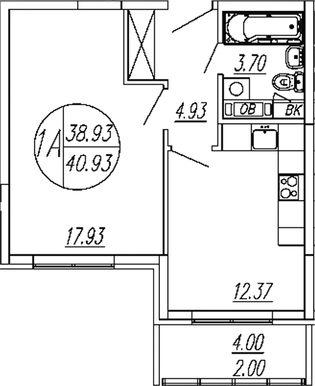 Планировка — Шолохово, 1-комн., 39 м²