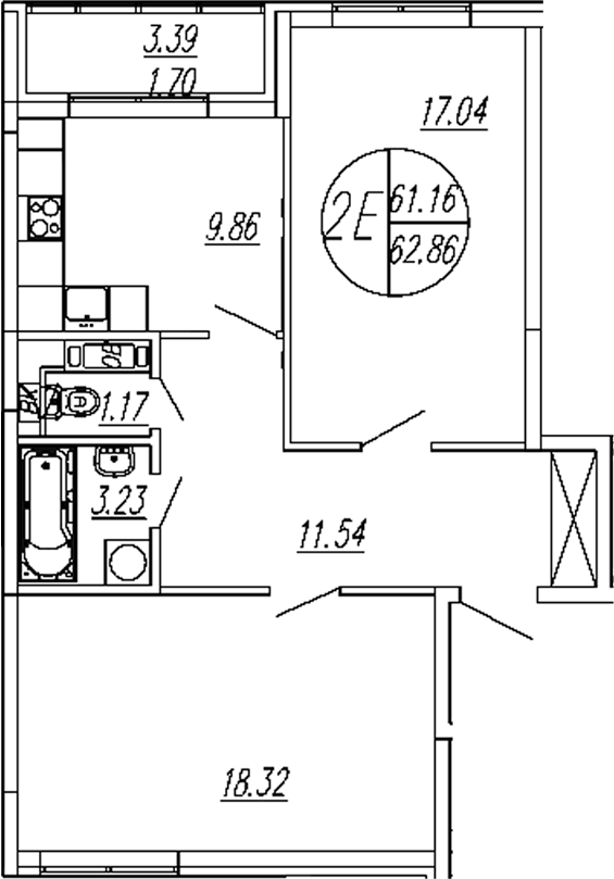 Планировка — Шолохово, 2-комн., 61 м²