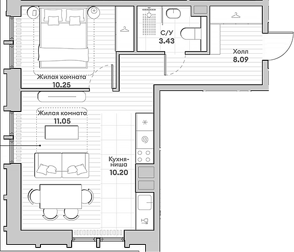 Планировка — Среда на Кутузовском, 2-комн., 43 м²