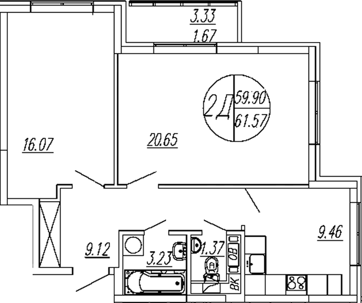 Планировка — Шолохово, 2-комн., 60 м²