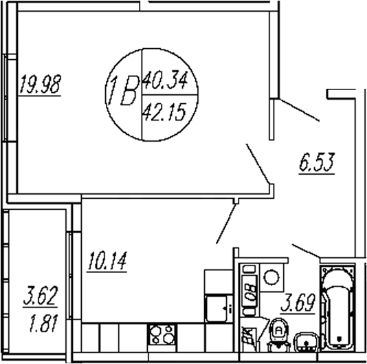 Планировка — Шолохово, 1-комн., 40 м²