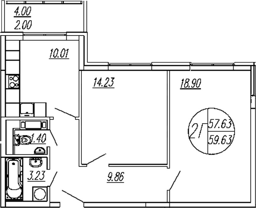 Планировка — Шолохово, 2-комн., 58 м²